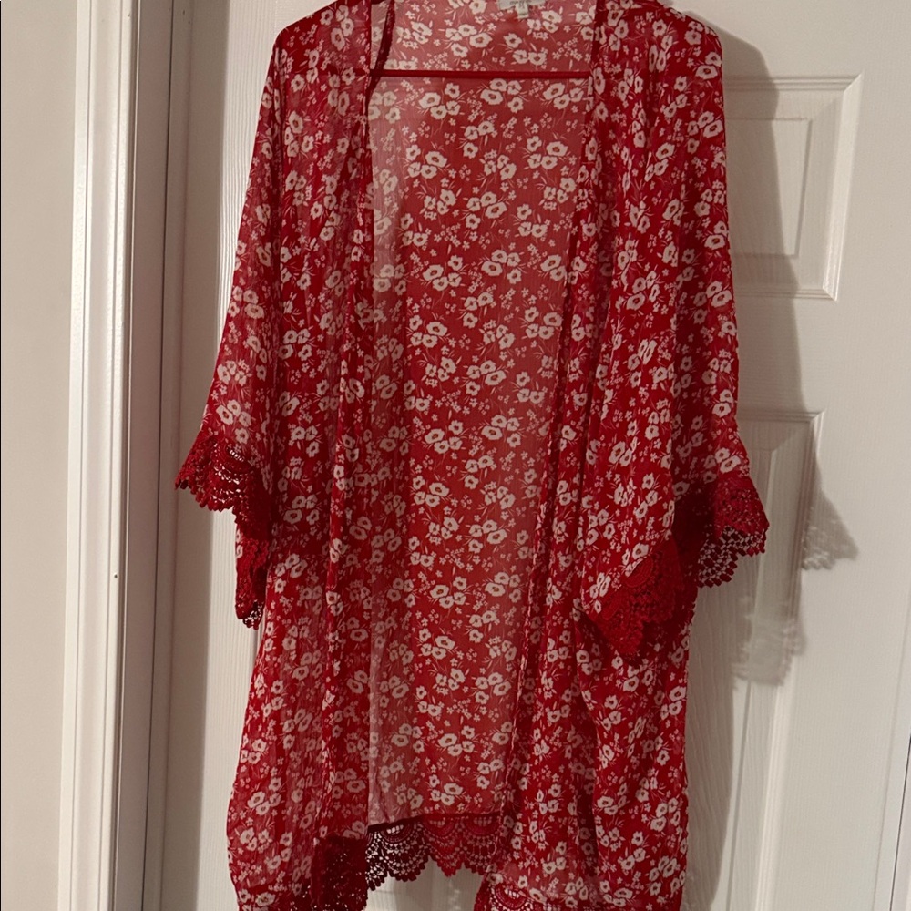 Maurices Red Floral Sheer Kimono Cardigan